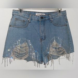 Denim Blvd Los Angeles Rhinestone Tassel Fringe Jean Shorts